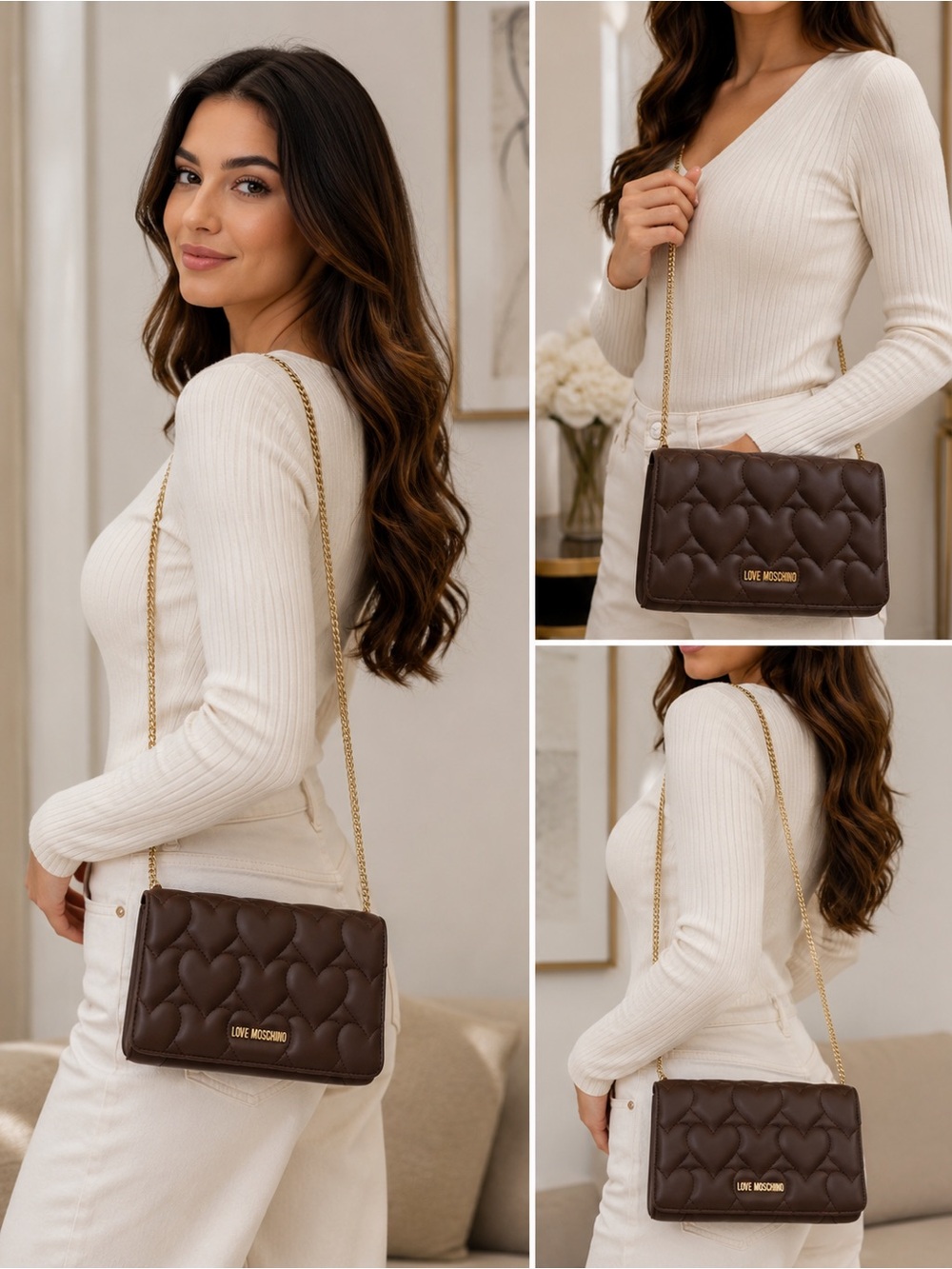 Love Moschino Chocolate Brown Quilted Heart Crossbody with Gold Chain
